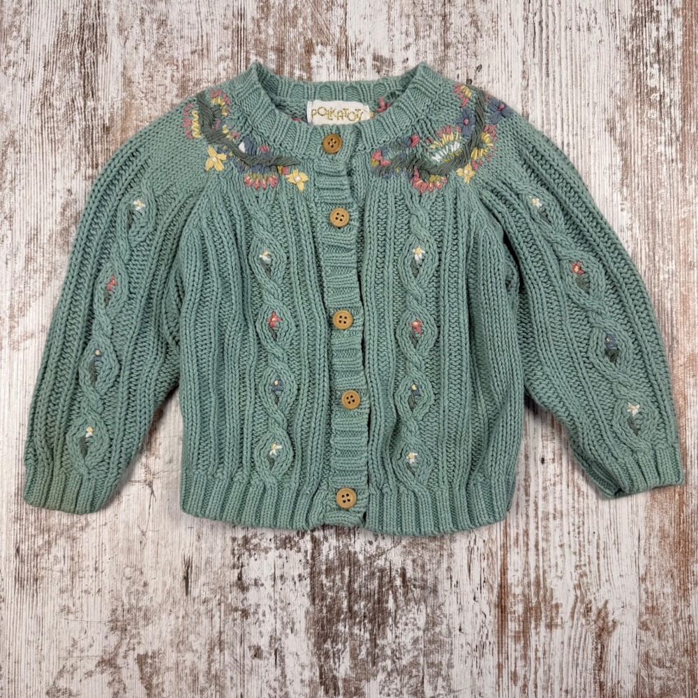 Polkatots‎ VTG Sage Green Floral Embroidered Cable Knit Sweater 3T Cottagecore